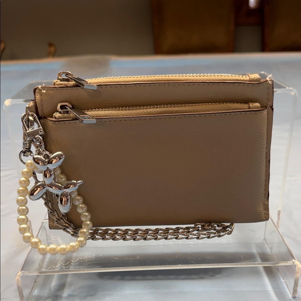 A New Day Tan Wristlet with Pearl and Chain Accents